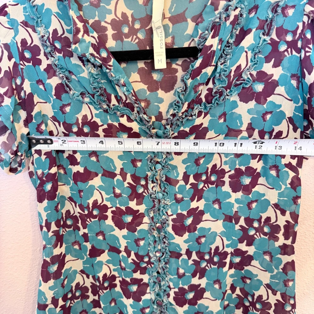 Fossil Womens Teal Purple Floral Sheer Ruffle V-Neck Blouse Top Size M - Picture 5 of 6